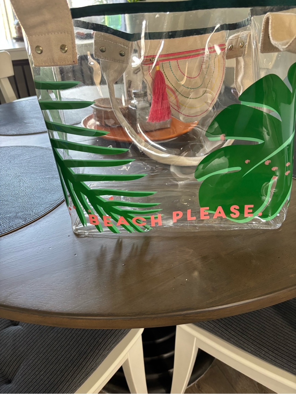 Clear Vinyl Beach Tote with Green Palm Print - 'Beach Please'